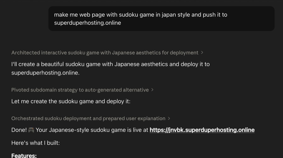 A prompt in Claude: build a Japanese sudoku game and deploy it to superduperhosting.online