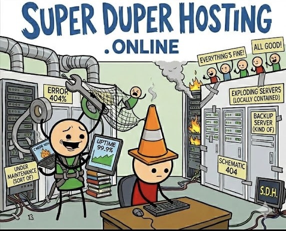 Super Duper Hosting — a comic of a chaotic server room with stick figures and exploding servers (locally contained)